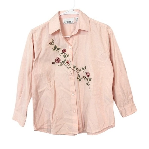 Casey & Max Tops - Casey & Max Peach Pink Cotton Jacquard Floral Embroidered Top SMALL